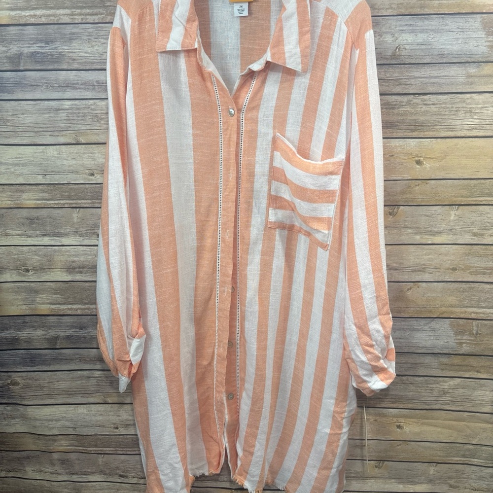 Ruby Rd Linen Shirt Dress Tunic Womens Plus Size 2X Orange Stripe Beach Resort